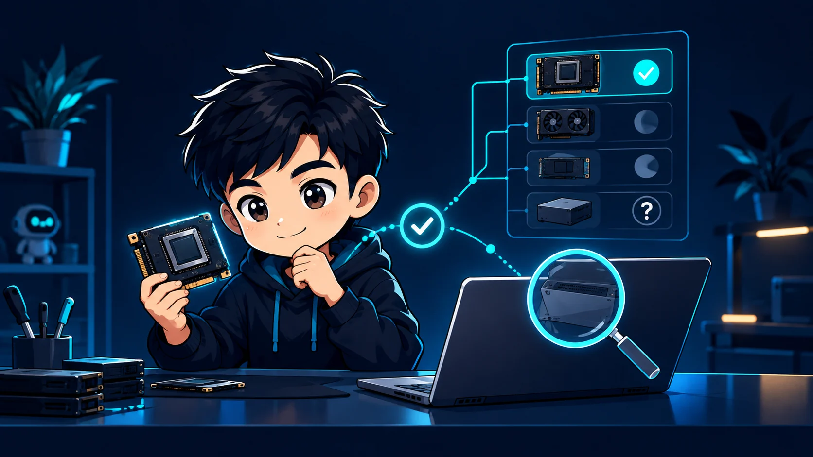 Cartoon developer checking a model hardware fit list