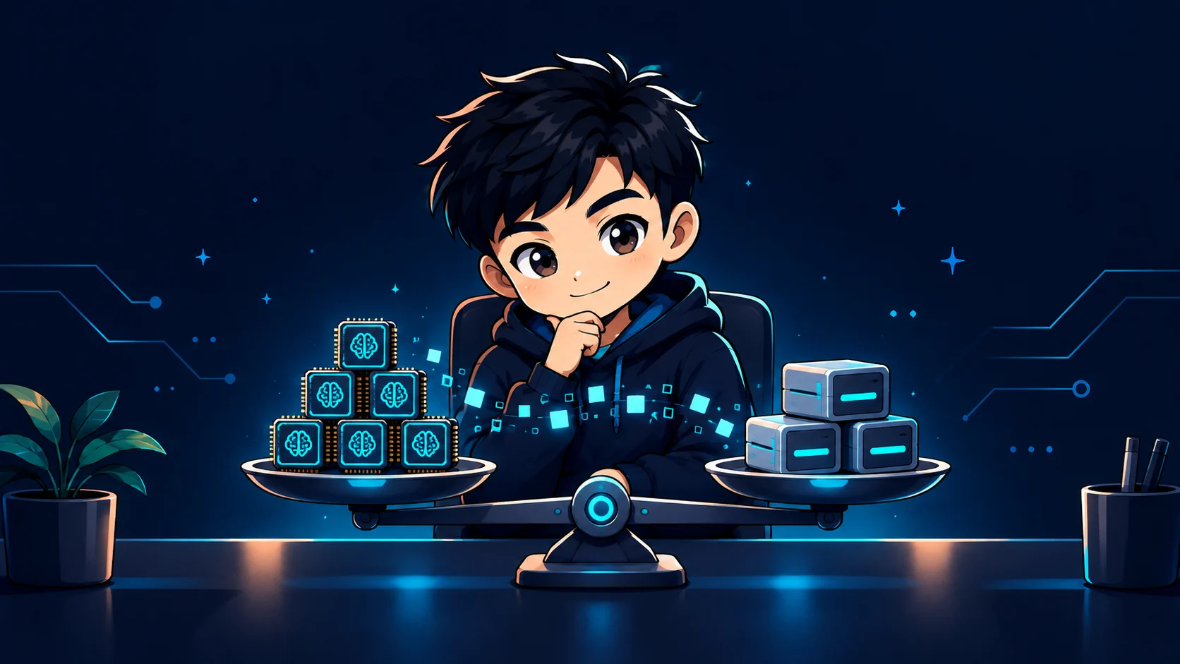 Cartoon developer comparing model chips and storage blocks on a balance scale